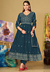 Embroidered Georgette Anarkali Suit in Teal Blue