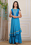 Embroidered Georgette and Art Silk Layered Gown in Blue