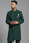 Embroidered Georgette Asymmetric Sherwani in Dark Green