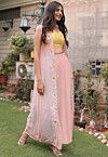 Embroidered Georgette Crop Top Jacket Set in Yellow and Pink