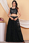 Embroidered Georgette Crop Top Set in Black