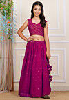 Embroidered Georgette Crop Top Set in Fuchsia