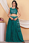 Embroidered Georgette Crop Top Set in Teal Green