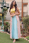 Embroidered Georgette Crop Top Set in Yellow and Sky Blue