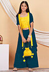 Embroidered Georgette Crop Top Set in Yellow and Teal Blue