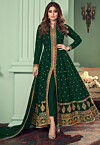 Embroidered Georgette Front Open Abaya Style Suit in Dark Green