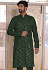 Embroidered Georgette Front Open Kurta in Dark Green