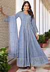 Embroidered Georgette Front Slit Abaya Style Suit in Light Blue