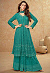 Embroidered Georgette Front Slit Pakistani Suit in Teal Green