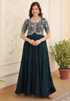Embroidered Georgette Gown in Dark Teal Blue