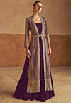 Embroidered Georgette Gown with Jacket in Purple