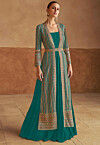 Embroidered Georgette Gown with Jacket in Teal Green