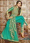 Embroidered Georgette Jacket Style Abaya Suit in Teal Green