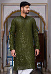 Embroidered Georgette Kurta in Olive Green