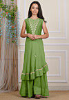 Embroidered Georgette Layered Gown in Dusty Green