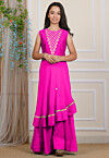 Embroidered Georgette Layered Gown in Fuchsia