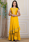 Embroidered Georgette Layered Gown in Mustard
