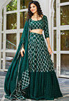 Embroidered Georgette Layered Lehenga in Dark Green