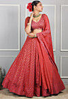 Embroidered Georgette Lehenga in Coral Red