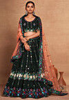 Embroidered Georgette Lehenga in Dark Green