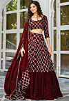 Embroidered Georgette Ruffled Lehenga in Maroon