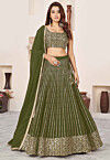 Embroidered Georgette Lehenga in Olive Green