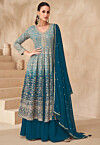 Embroidered Georgette Lehenga in Teal Blue Ombre