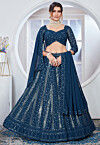 Embroidered Georgette Lehenga in Teal Blue