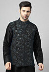 Embroidered Georgette Nehru Jacket in Black