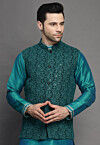 Embroidered Georgette Nehru Jacket in Dark Green