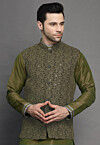 Embroidered Georgette Nehru Jacket in Olive Green