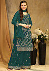 Embroidered Georgette Pakistani Suit in Teal Blue