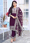 Embroidered Georgette Pakistani Suit in Wine