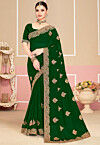 Embroidered Georgette Saree in Dark Green