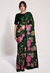 Embroidered Georgette Saree in Dark Green