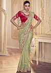 Embroidered Georgette Saree in Light Green