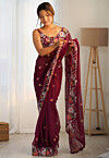 Embroidered Georgette Saree in Maroon