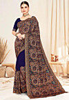 Embroidered Georgette Saree in Navy Blue
