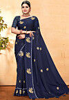 Embroidered Georgette Saree in Navy Blue
