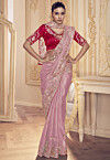 Embroidered Georgette Saree in Peach