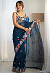 Embroidered Georgette Saree in Teal Blue