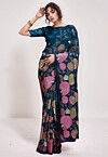 Embroidered Georgette Saree in Teal Blue