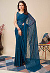 Embroidered Georgette Saree in Teal Blue
