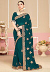 Embroidered Georgette Saree in Teal Green