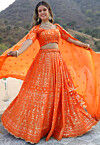 Embroidered  Georgette Scalloped Lehenga in Orange