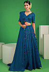 Embroidered Georgette Scalloped Lehenga in Teal Blue