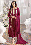 Embroidered Georgette Scalloped Pakistani Suit in Maroon