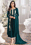 Embroidered Georgette Scalloped Pakistani Suit in Teal Green