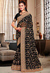 Embroidered Georgette Scalloped Saree in Black