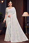 Embroidered Georgette Scalloped Saree in Cream